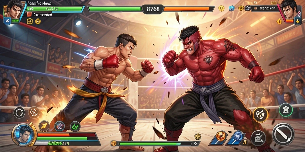 Tampilan gameplay pertarungan yang intens dan memukau di 8768.