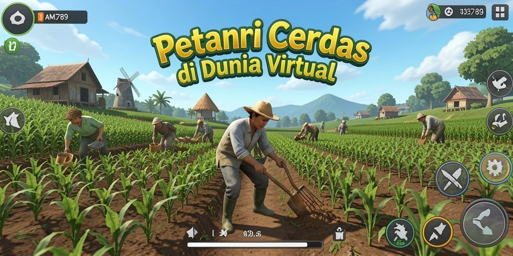 Tampilan gameplay AMS789 dengan ladang subur dan aktivitas bertani.