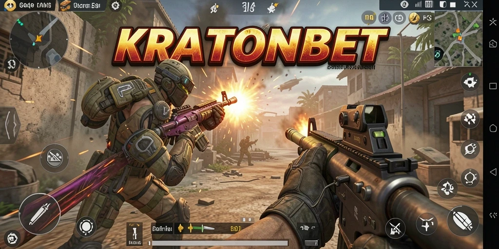 Screenshot KRATONBET menampilkan aksi tembak-menembak yang intens.
