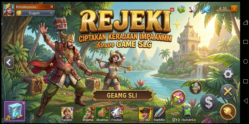 Screenshot gameplay SLG yang menunjukkan pembangunan dan pertarungan di REJEKI.